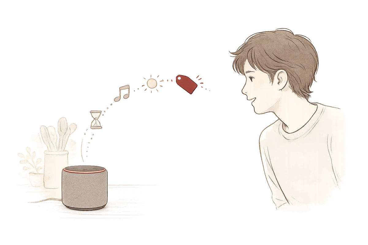 A warm illustration of a person speaking to an Amazon Echo speaker, with a stream of icons rising from it: a timer, a music note, and a sun for the everyday help it gives, and, highlighted in oxblood, a price tag for the advertising joining that stream
