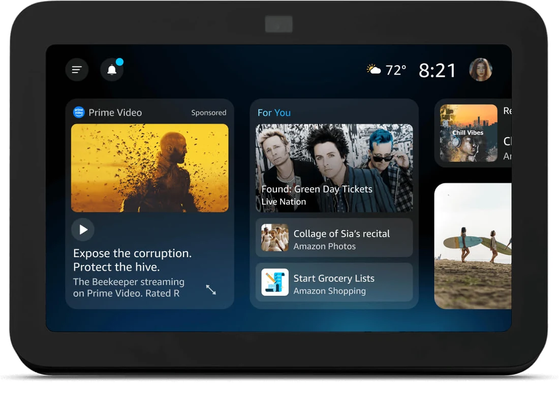 An Echo Show up close showing the same sponsored ad as a card in the home feed, alongside For You content, with a call to action