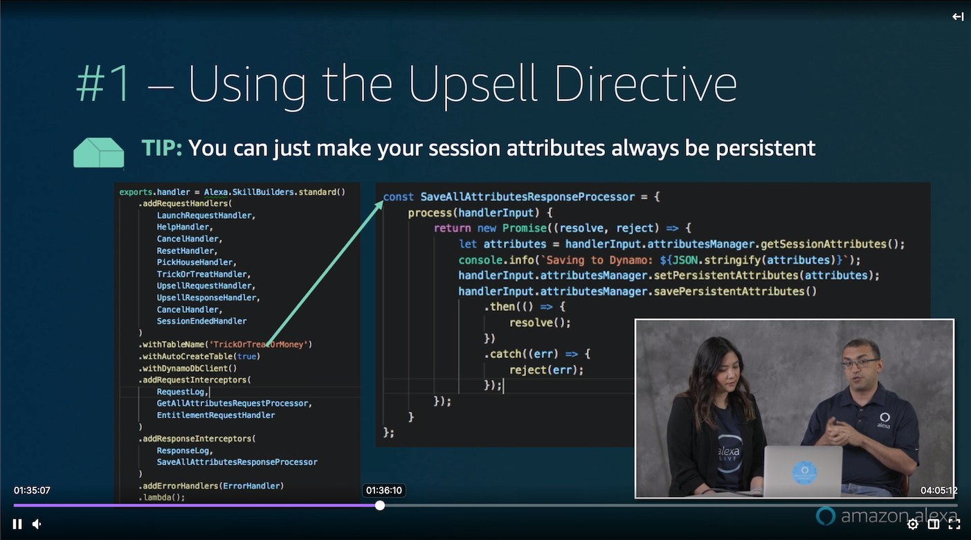 An Alexa Live 2019 session walking developers through the upsell directive in code