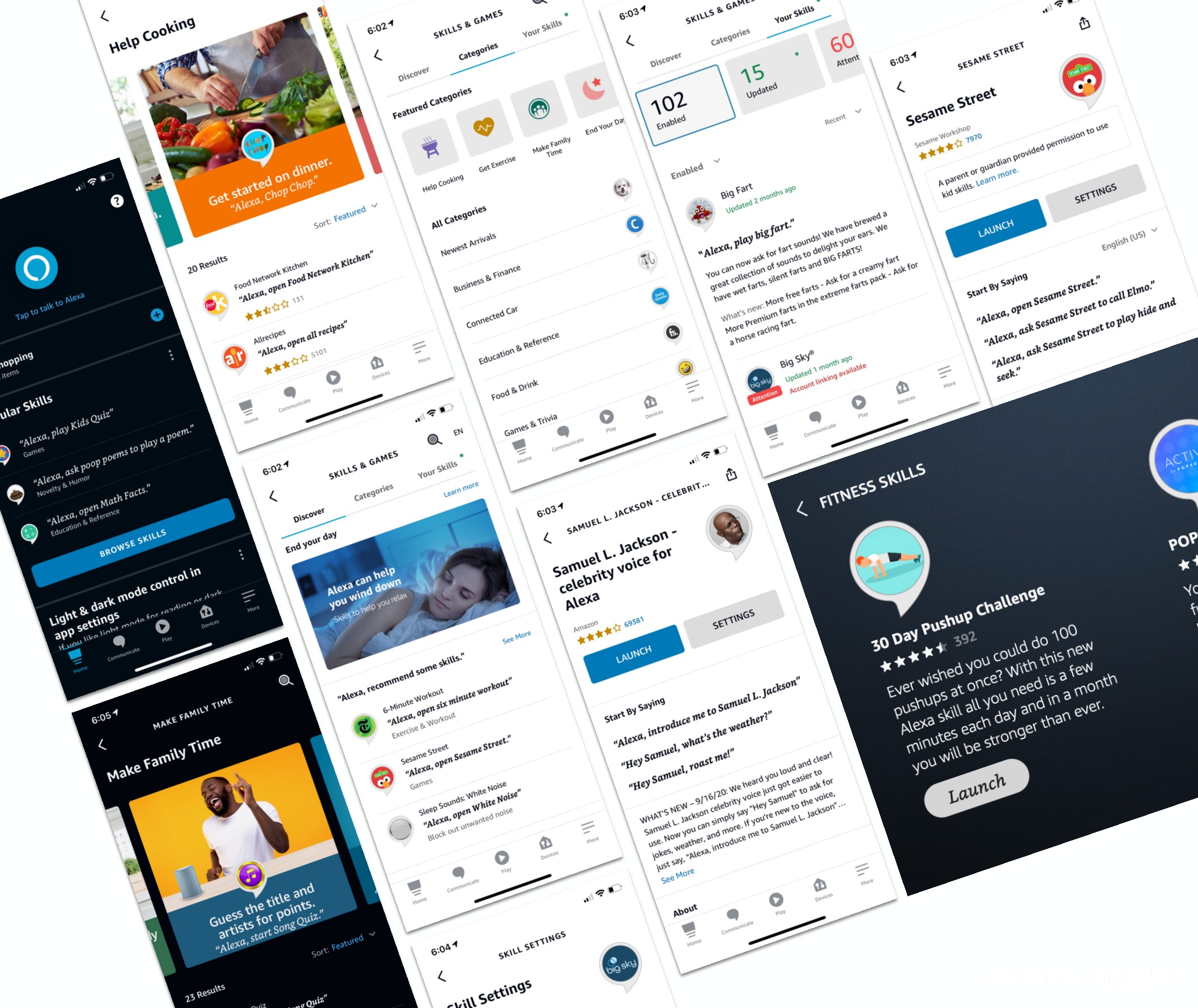 A fan of Alexa app store screens: skill detail pages, categories, browse, your skills, and settings