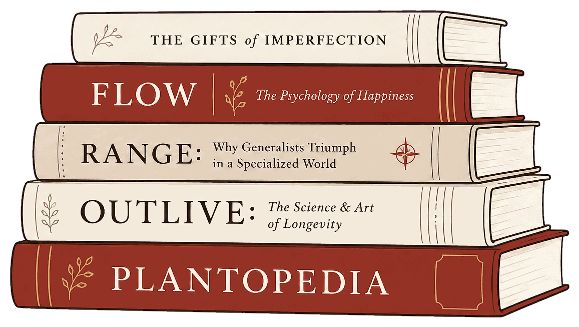 A stack of five books: Plantopedia; Outlive; Range; Flow; The Gifts of Imperfection