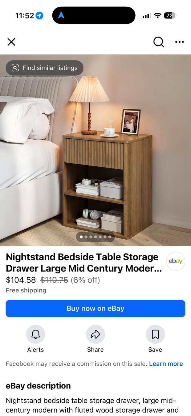 An eBay nightstand listing inside Facebook Marketplace: photo, price, Buy now on eBay, and a note that Facebook may receive a commission