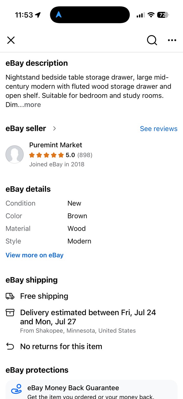 The eBay seller rating, item details, shipping estimate, and eBay Money Back Guarantee shown within the Marketplace listing