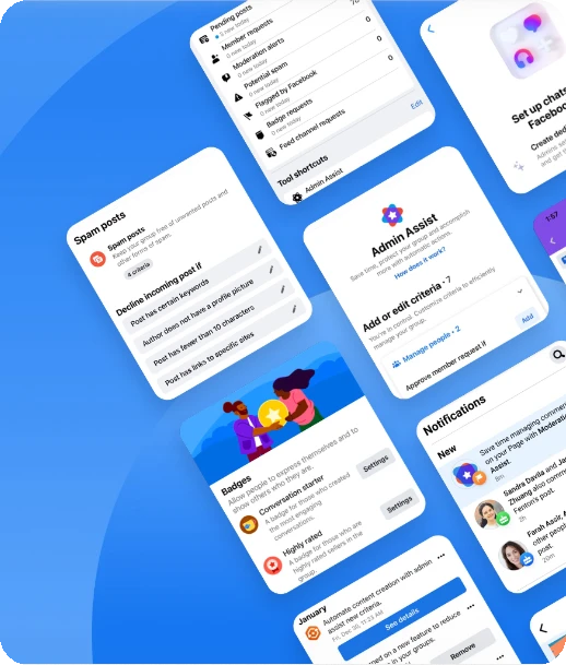 A montage of professional tools built from one system: moderation criteria, Admin Assist, badges, notifications, and shortcuts, all sharing components and patterns