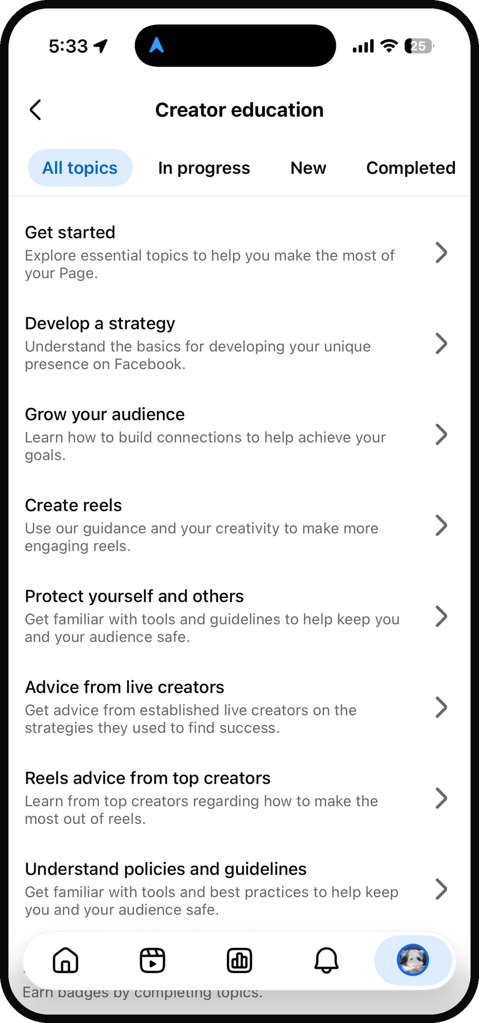 Creator education topic library: Get started, Develop a strategy, Grow your audience, Create reels, and more