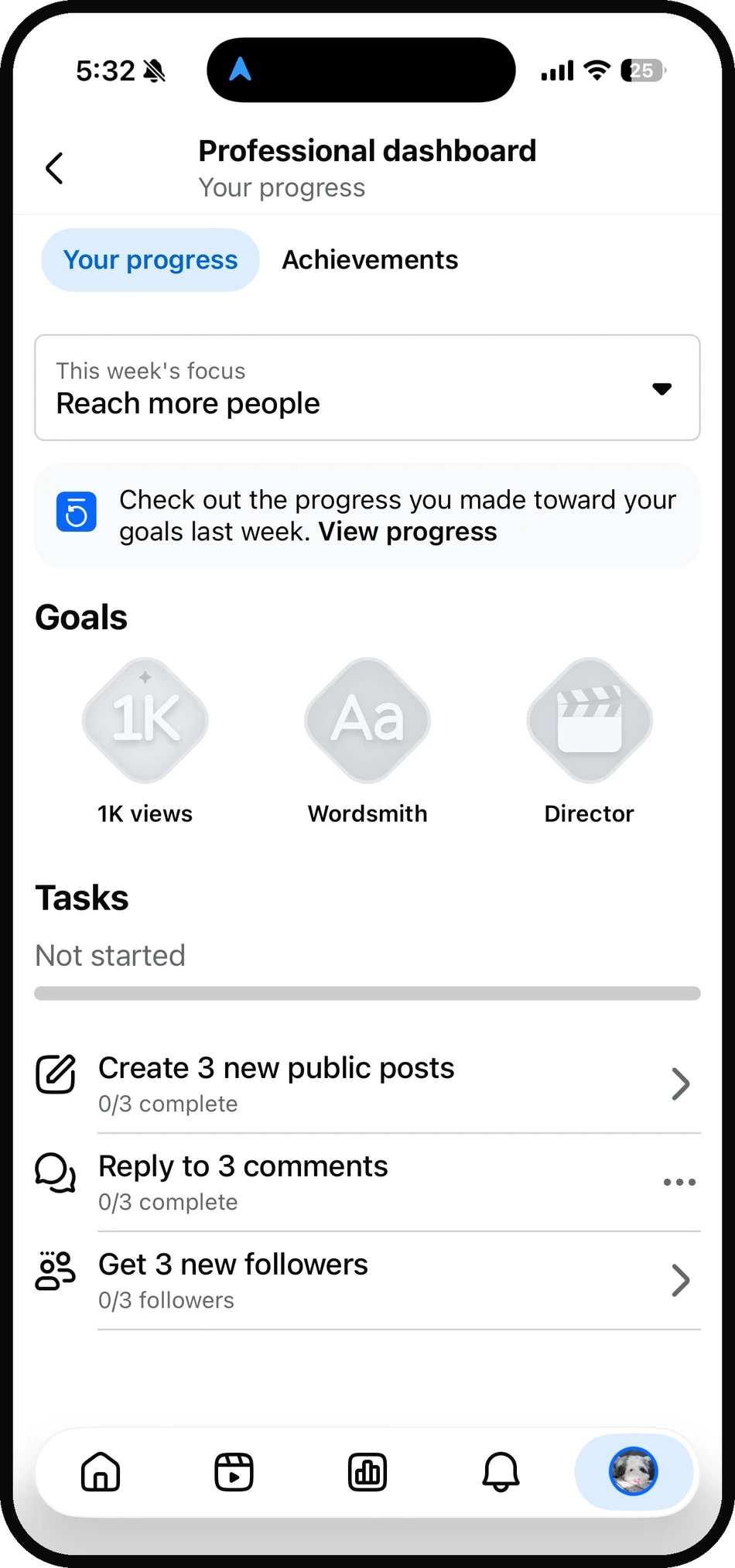 A dashboard tailored to the chosen focus, with goal badges and a weekly task checklist