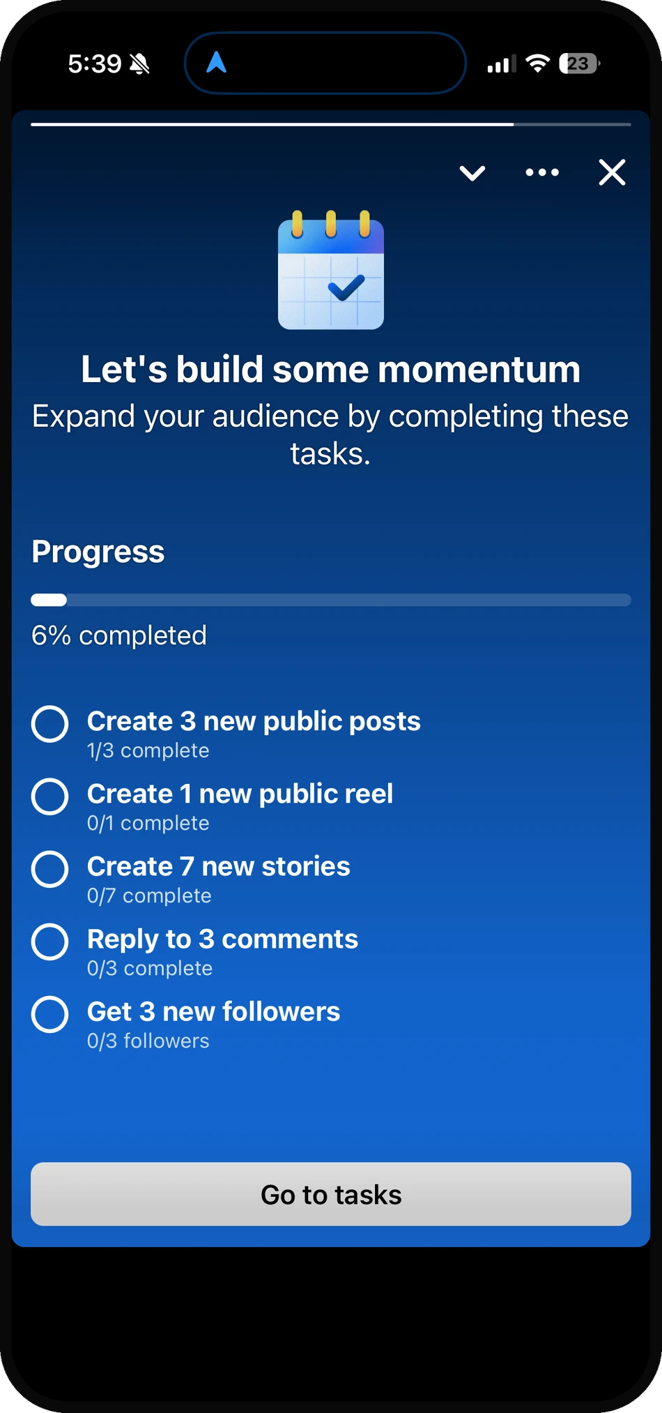 A momentum screen echoing the same weekly tasks against an overall progress bar