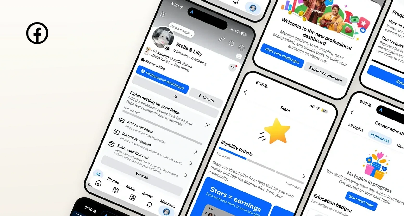 Facebook’s professional surfaces shown large and overlapping: a creator’s Page, the new professional dashboard, and a progress view, all built from one system
