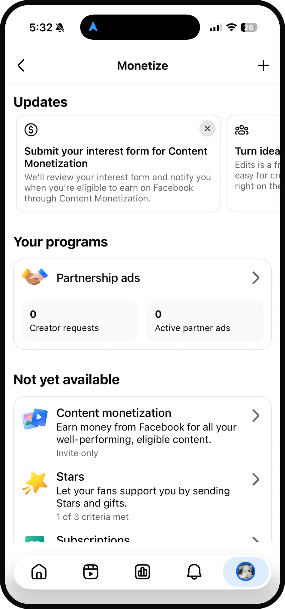The monetization home: active programs like Partnership ads, and not-yet-available programs like Content Monetization, Stars, and Subscriptions