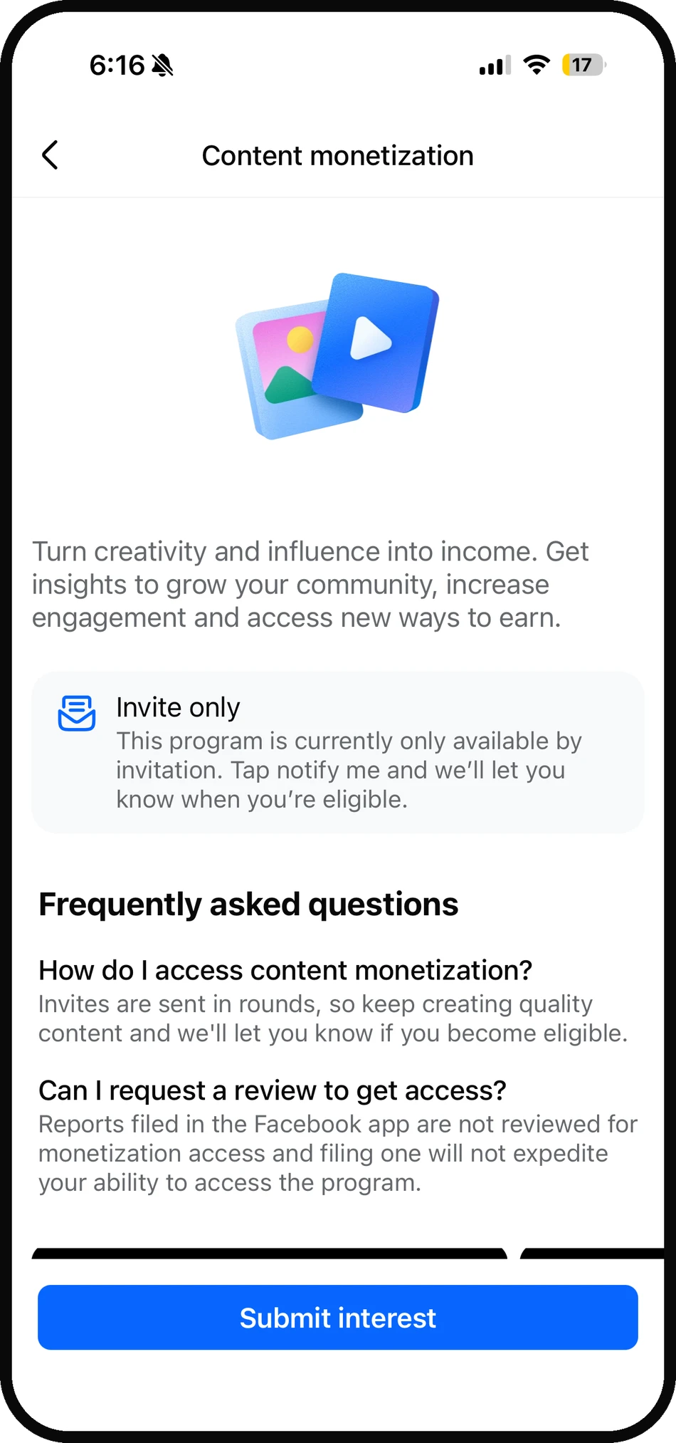A Content Monetization program detail explaining how to turn content into income, with eligibility and FAQ
