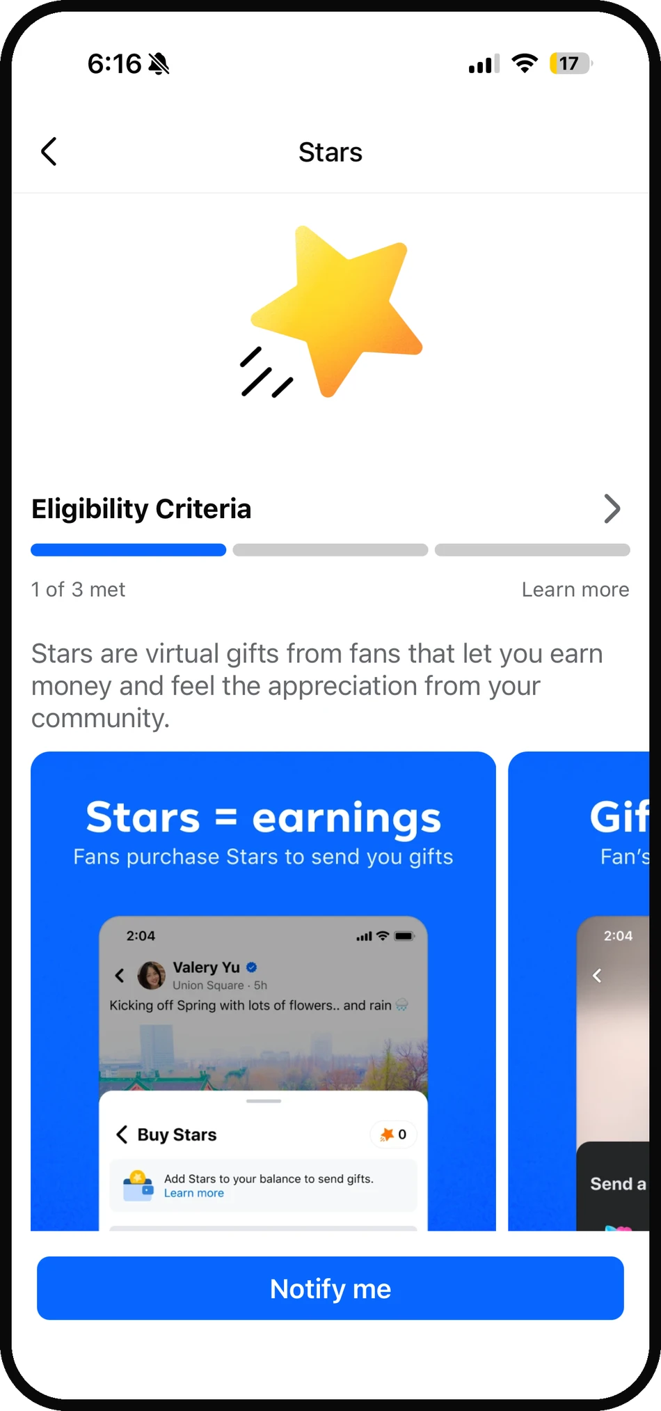 The Stars program with eligibility criteria showing progress toward unlocking earnings