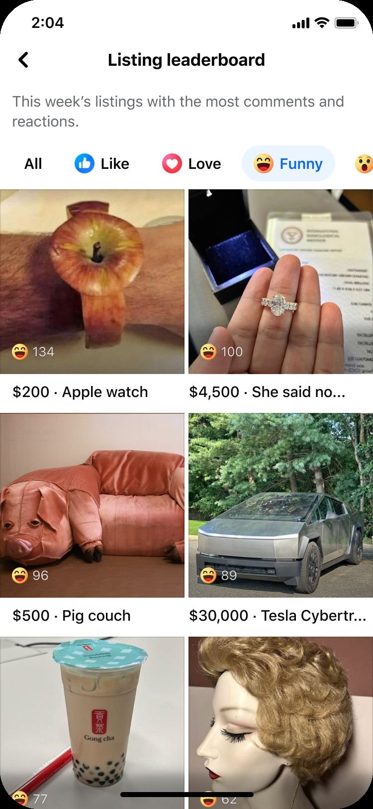 Listing leaderboard of the week's most reacted-to listings