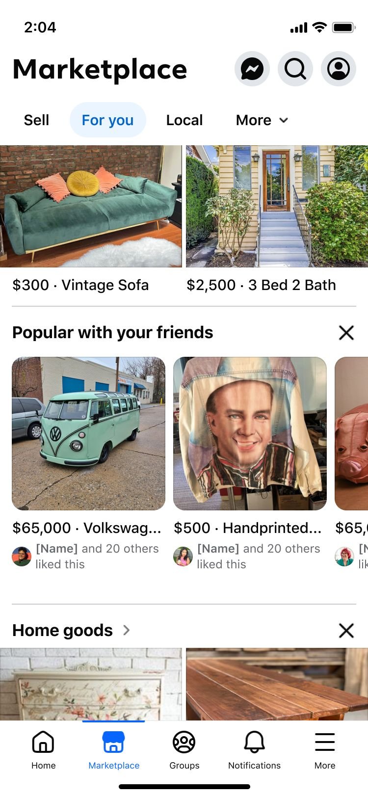 Marketplace browse showing listings popular with your friends