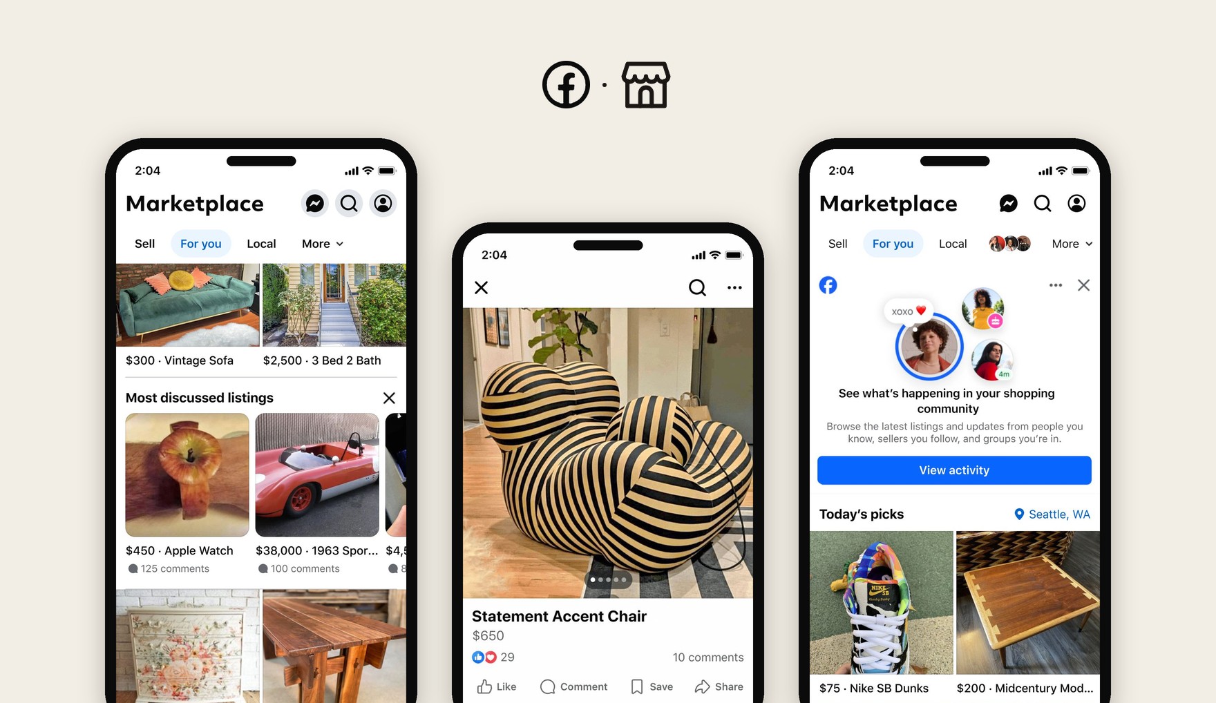 Three redesigned Marketplace screens: most discussed listings, a listing with comments and reactions, and the shopping community