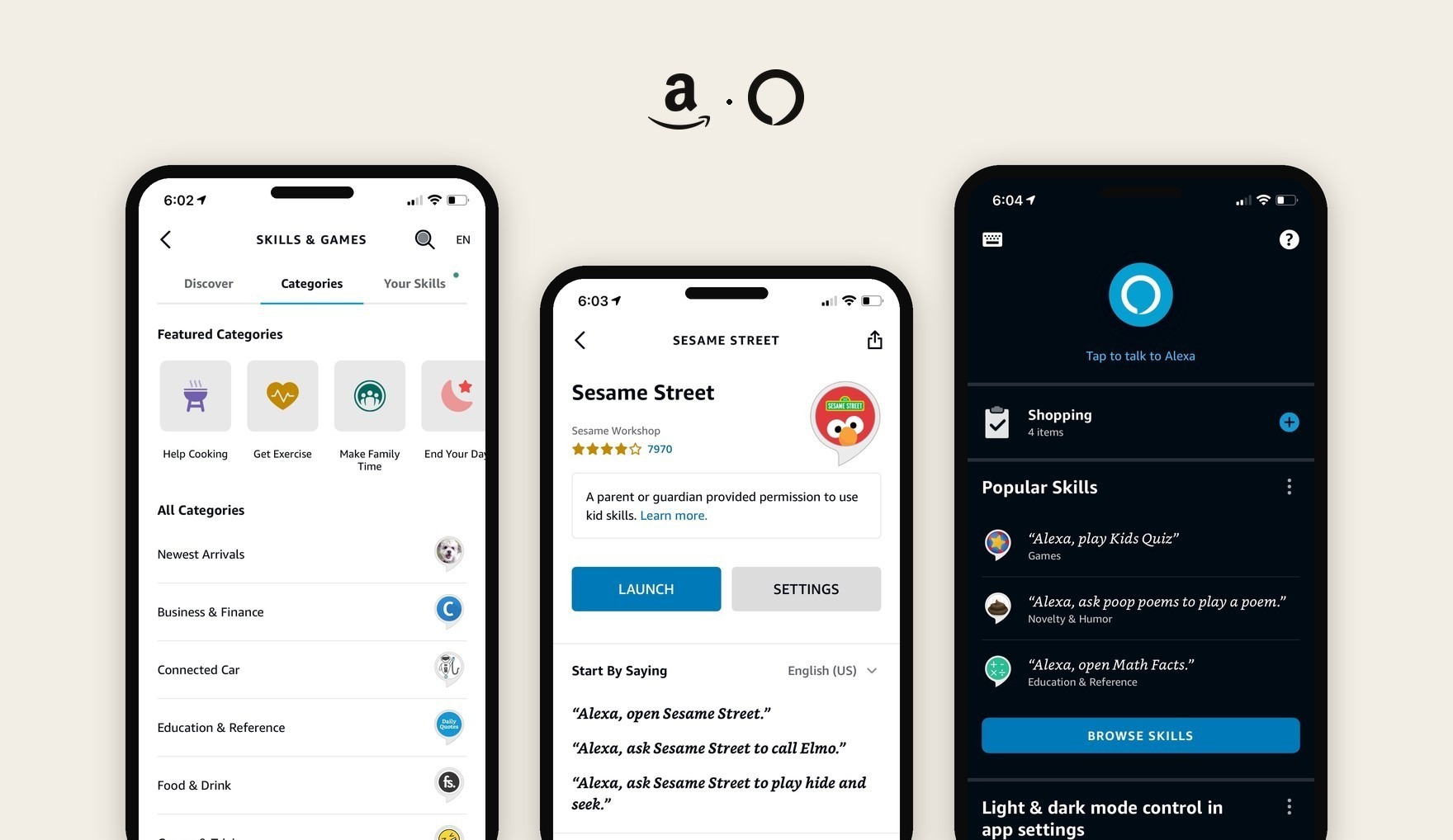 Three phones showing the Alexa Skill Store: browsing categories, a skill detail page, and the voice home screen