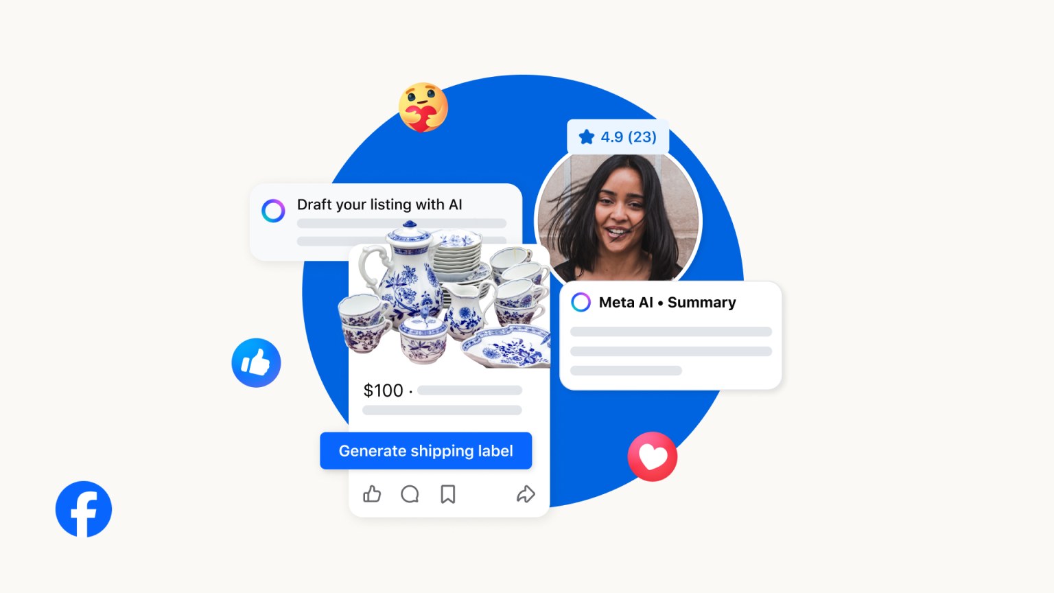 A Marketplace listing with Draft your listing with AI, a Meta AI summary, a seller rating, and a Generate shipping label button