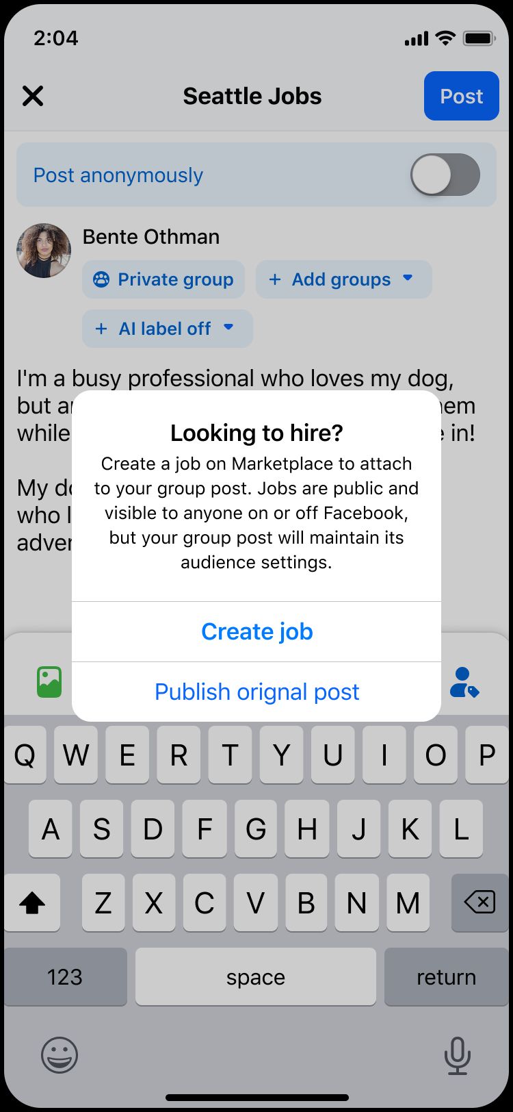 Before: hiring as plain posts inside a local Facebook group