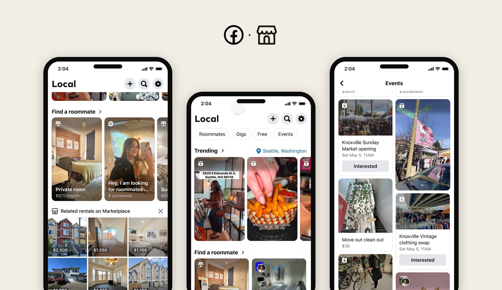 Three Local screens: neighborhood recommendations, local events near you, and the Local hub with roommates, gigs, and free finds