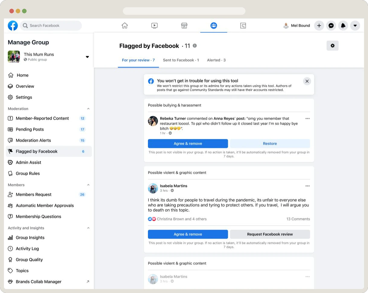 The Flagged by Facebook panel: content the automated system flagged, waiting for an admin to agree and remove it or restore it