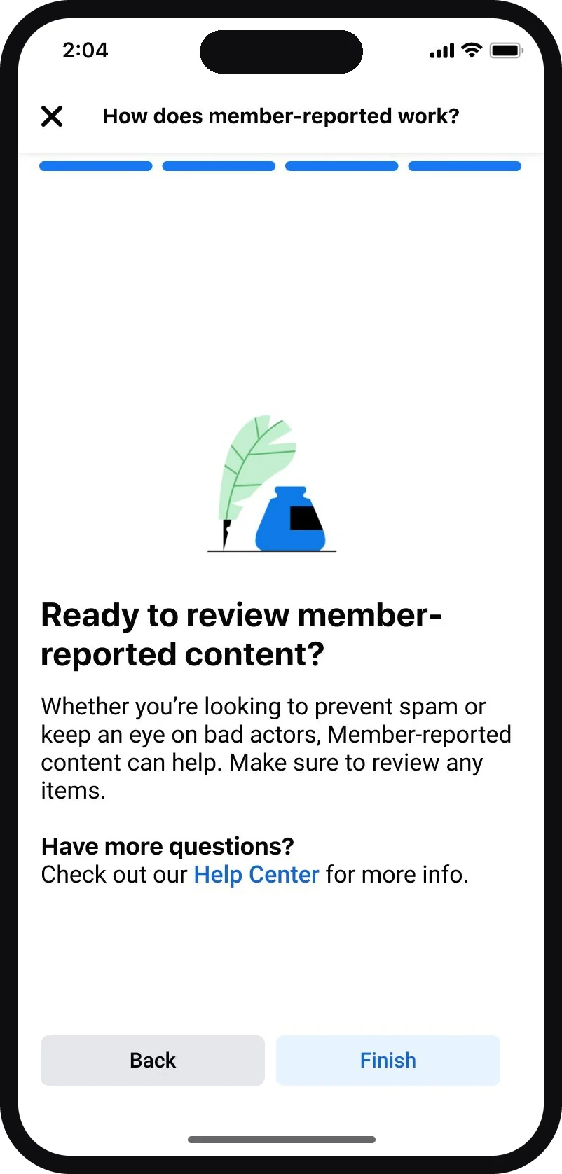 An onboarding screen inviting a new moderator to start reviewing member-reported content in their community