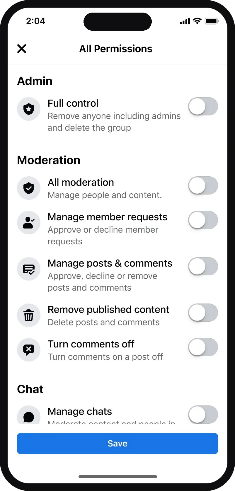 A roles and permissions screen where a lead admin assigns specific moderation abilities to other admins and moderators
