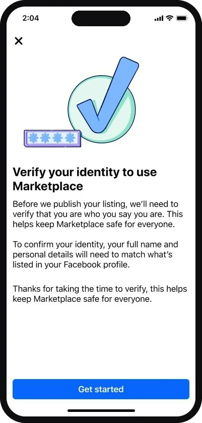 A Marketplace screen asking a person to verify their identity before they can buy and sell