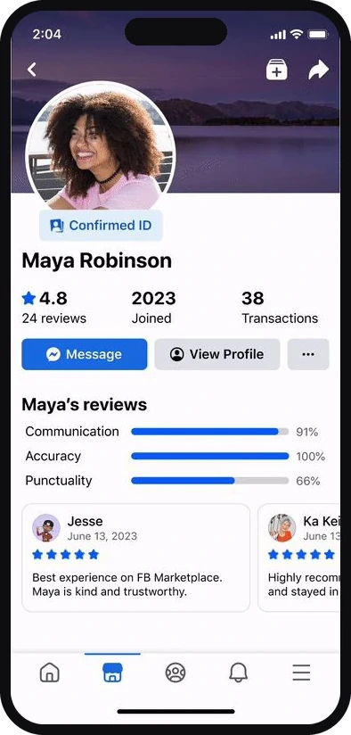 A seller profile carrying a Confirmed ID badge so buyers can see the person is verified