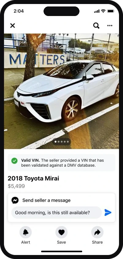A vehicle listing whose VIN has been validated against an authoritative source